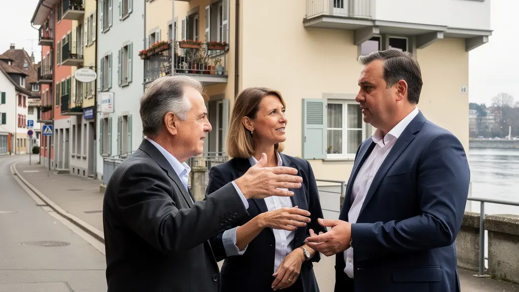 Immobilienberatung Basel: Paar im Gespräch mit Makler vor Wohngebäude