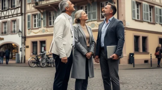 Schweizer Paar im Gespräch mit Immobilienmakler vor typischem Basler Altbau