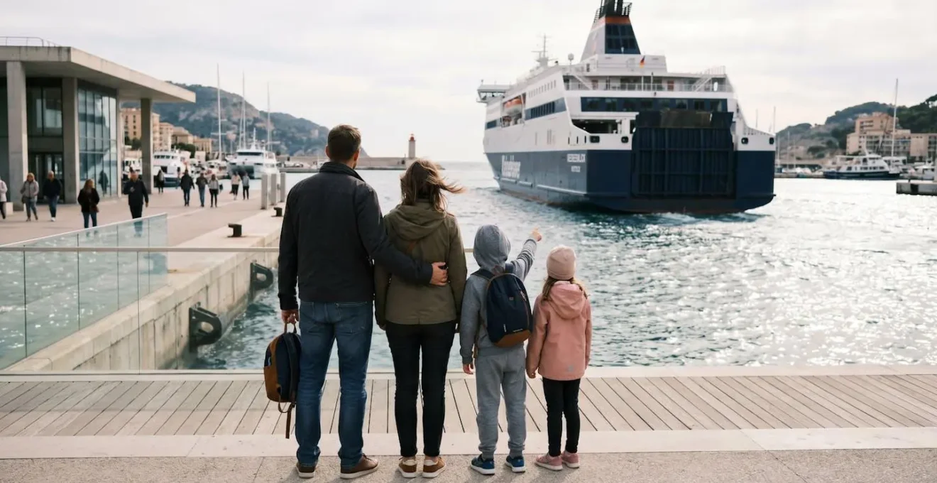 Familie mit zwei Kindern betrachtet von hinten eine große Fähre am modernen Mittelmeerhafen an einem sonnigen Herbsttag