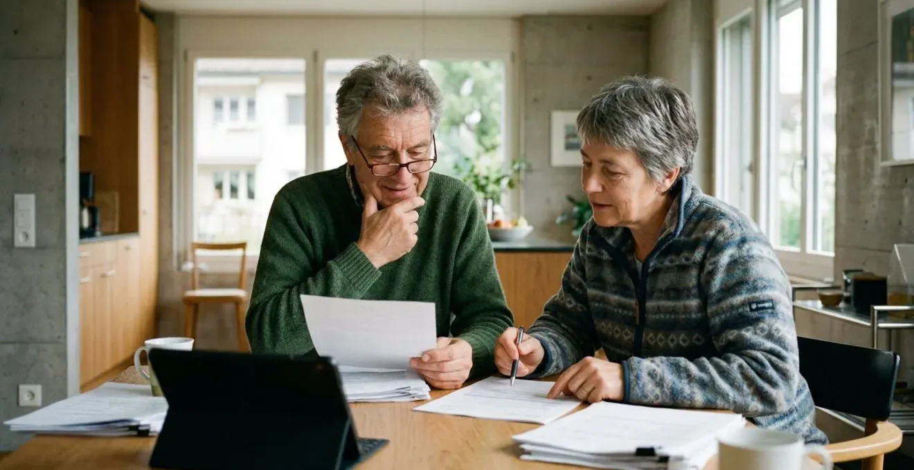 Ein Paar mittleren Alters sitzt an einem modernen Küchentisch und studiert gemeinsam Unterlagen, Tablet im Hintergrund unscharf sichtbar, natürliches Tageslicht durch das Fenster