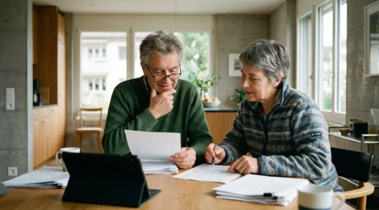 Ein Paar mittleren Alters sitzt an einem modernen Küchentisch und studiert gemeinsam Unterlagen, Tablet im Hintergrund unscharf sichtbar, natürliches Tageslicht durch das Fenster