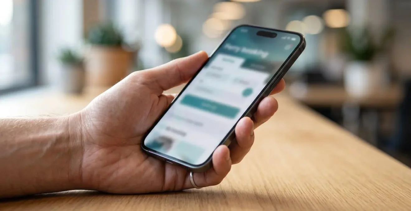 Nahaufnahme einer Hand die ein modernes Smartphone hält mit unscharfem Buchungsformular auf dem Display