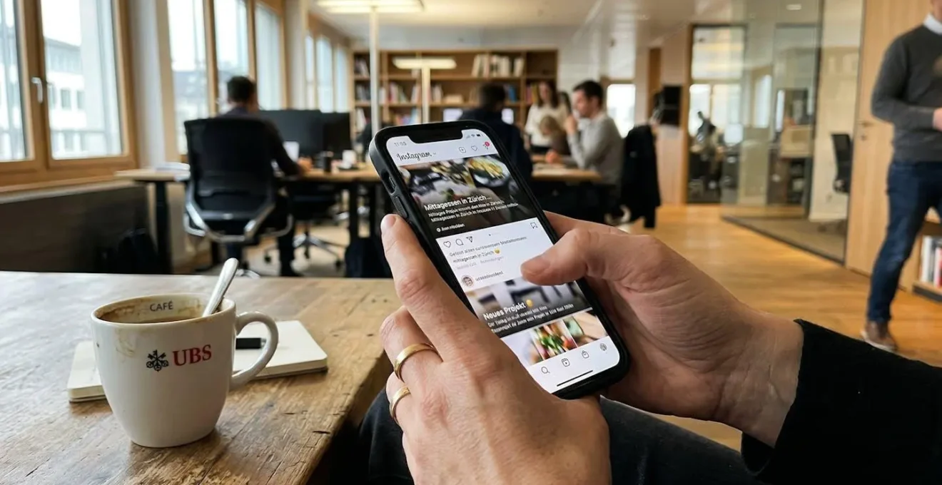 Nahaufnahme von Händen, die auf einem Smartphone scrollen, unscharfer Bildschirm, modernes Büro im Hintergrund, Kaffeetasse daneben
