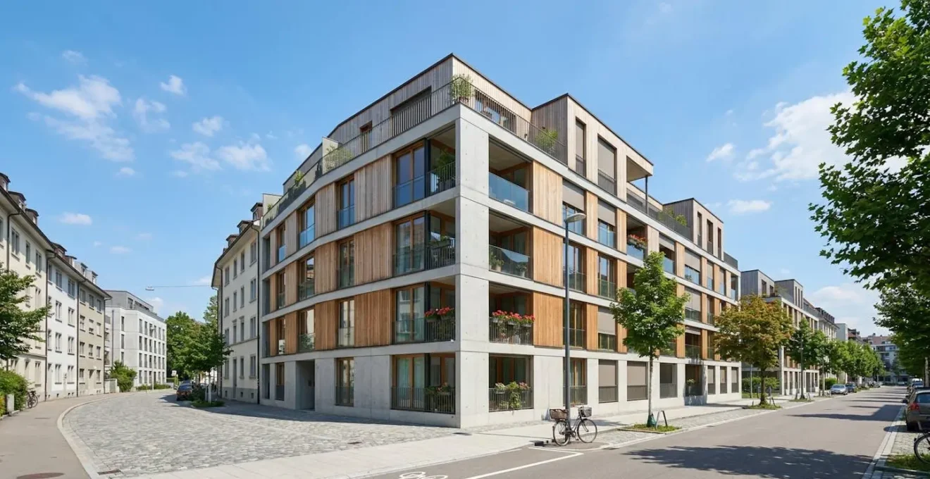 Modernes Basler Wohngebäude mit typischer Schweizer Architektur, sonniger Tag, zeitgenössisches städtisches Umfeld ohne Personen